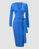 Cable Textured Overlap Deep V Neck Long Sleeve Mid Length Dress Tie Waist Slim Fit Knit Dress