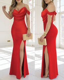 Cold Shoulder Pearls Strap Cowl Neck Evening Bodycon Dress Elegant High Slit Fishtail Maxi Dress