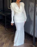 Cowl Neck Ruched Zipper Back Slim Fit Maxi Dress Casual Padded Shoulders Backless Evening Dress