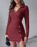 Polo V-Neck Long Sleeve Fleece Lined Bodycon Dress Slit Button Decor Ribbed Mini Dress