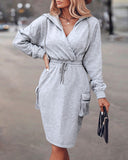 Overlap V Neck Drop Shoulder Cinched Waist Drawstring Hoodie Dress Casual Flap Cargo Pockets Design Drawstring Elastic Waist Midi Dress