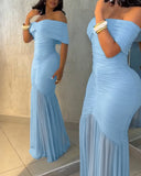 Foldover Off Shoulder Ruched Cinched Waist Minimalist Evening Dress Slim Fit Mermaid Hem Party Dress