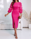 3D Polka Dot Appliques Mesh Lantern Sleeve Zipper Back Slit Work Dress Cinched Waist Slim Fit Mid Length Dress With Belt