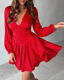 Deep V Neck Lantern Sleeve Ruched Pleated A Line Flowy Dress Single Breasted Decor Cinched Waist Party Dress