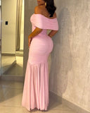 Foldover Off Shoulder Ruched Cinched Waist Minimalist Evening Dress Slim Fit Mermaid Hem Party Dress