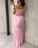 Foldover Off Shoulder Ruched Cinched Waist Minimalist Evening Dress Slim Fit Mermaid Hem Party Dress