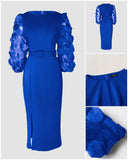 3D Polka Dot Appliques Mesh Lantern Sleeve Zipper Back Slit Work Dress Cinched Waist Slim Fit Mid Length Dress With Belt