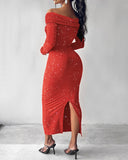 Off Shoulder Long Sleeve Chic Mental Buckle Ruched Mid-Calf Dress