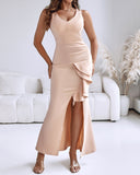 Deep V-Neck Thick Strap Side Ruffled Slit Evening Dress Cinched Waist Zipper Back Slim Fit Maxi Dress