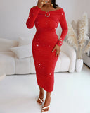 Off Shoulder Long Sleeve Chic Mental Buckle Ruched Mid-Calf Dress
