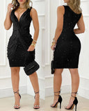 Glitter Twist Design Deep V Neck Sleeveless Bodycon Dress Ruched Party Dress