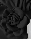 3D Flower Decor Round Neck Puff Sleeve Bodycon Dress Casual Ruched Slit Zipper Back Work Dress