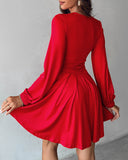 Deep V Neck Lantern Sleeve Ruched Pleated A Line Flowy Dress Single Breasted Decor Cinched Waist Party Dress