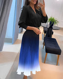 Ombre Plunge Pleated Midi Dress With Chain Decor Belt