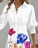 Floral Print Turn-down Collar Long Sleeve Casual Pressed Pleats Shirt Dress