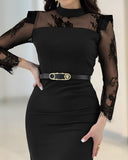 High Neck Long Sleeve Lace Pattern Mesh Patchwork Chic Zipper Mid-Calf Dress