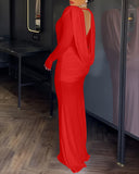 Cowl Neck Ruched Zipper Back Slim Fit Maxi Dress Casual Padded Shoulders Backless Evening Dress