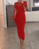 Mock Neck Sheer Mesh Spliced Beaded Bodycon Dress Zipper Back Slit Party Dress