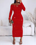 Off Shoulder Long Sleeve Chic Mental Buckle Ruched Mid-Calf Dress
