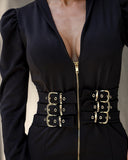 Deep V Neck Puff Sleeve Waist Multi Metal Buckle Decor Slit Dress Casual Zipper Front Commuting Dress