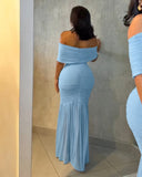 Foldover Off Shoulder Ruched Cinched Waist Minimalist Evening Dress Slim Fit Mermaid Hem Party Dress