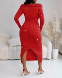 Off Shoulder Long Sleeve Chic Mental Buckle Ruched Mid-Calf Dress