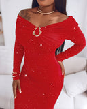 Off Shoulder Long Sleeve Chic Mental Buckle Ruched Mid-Calf Dress