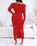 Off Shoulder Long Sleeve Chic Mental Buckle Ruched Mid-Calf Dress