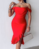 Cold Shoulder Pearls Straps Bodycon Dress Cowl Neck Asymmetrical Ruffle Hem Party Dress