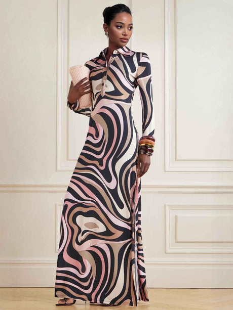 Aurohaya Unique Geometric Abstract Print Long-sleeved Maxi Dress Multi