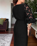 3D Polka Dot Appliques Mesh Lantern Sleeve Zipper Back Slit Work Dress Cinched Waist Slim Fit Mid Length Dress With Belt