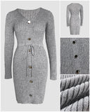 Button Decor V-Neck Long Sleeve Knit Bodycon Dress Drawstring Waist Ribbed Mini Dress