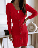 Button Decor V-Neck Long Sleeve Knit Bodycon Dress Drawstring Waist Ribbed Mini Dress