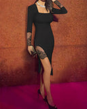 Square Neck Long Sleeve Eyelash Lace Spliced Slit Evening Dress Zipper Back Asymmetrical Hem Slim Fit Dress