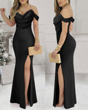 Cold Shoulder Pearls Strap Cowl Neck Evening Bodycon Dress Elegant High Slit Fishtail Maxi Dress