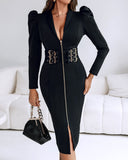 Deep V Neck Puff Sleeve Waist Multi Metal Buckle Decor Slit Dress Casual Zipper Front Commuting Dress