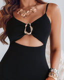 Metal Ring Decor V-Neck Adjustable Spaghetti Straps Bodycon Dress High Slit Hollow-out Evening Dress