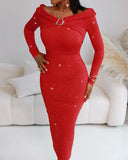 Off Shoulder Long Sleeve Chic Mental Buckle Ruched Mid-Calf Dress