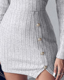 Polo V-Neck Long Sleeve Fleece Lined Bodycon Dress Slit Button Decor Ribbed Mini Dress