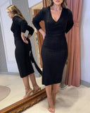 Cable Textured Overlap Deep V Neck Long Sleeve Mid Length Dress Tie Waist Slim Fit Knit Dress