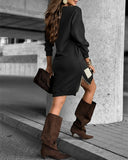 Long Sleeve Drop Shoulder Side Zipper Slit Casual Mini Dress