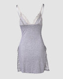 Lace Trim Adjustable Straps Side Slit Bowknot Decor Modal Cami Sleep Dress
