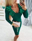 Floral Pattern V Neck Bodycon Mini Dress Long Sleeve Knit Sweater Dress