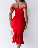 Cold Shoulder Pearls Straps Bodycon Dress Cowl Neck Asymmetrical Ruffle Hem Party Dress