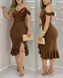 Cold Shoulder Pearls Straps Bodycon Dress Cowl Neck Asymmetrical Ruffle Hem Party Dress