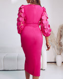 3D Polka Dot Appliques Mesh Lantern Sleeve Zipper Back Slit Work Dress Cinched Waist Slim Fit Mid Length Dress With Belt