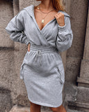 Overlap V Neck Drop Shoulder Cinched Waist Drawstring Hoodie Dress Casual Flap Cargo Pockets Design Drawstring Elastic Waist Midi Dress