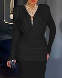 Cowl Neck Ruched Zipper Back Slim Fit Maxi Dress Casual Padded Shoulders Backless Evening Dress