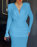 Cowl Neck Ruched Zipper Back Slim Fit Maxi Dress Casual Padded Shoulders Backless Evening Dress