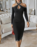 Rhinestone Decor Halter Cold Shoulder Long Sleeve Bodycon Dress Hollow-out Front & Back Evening Dress